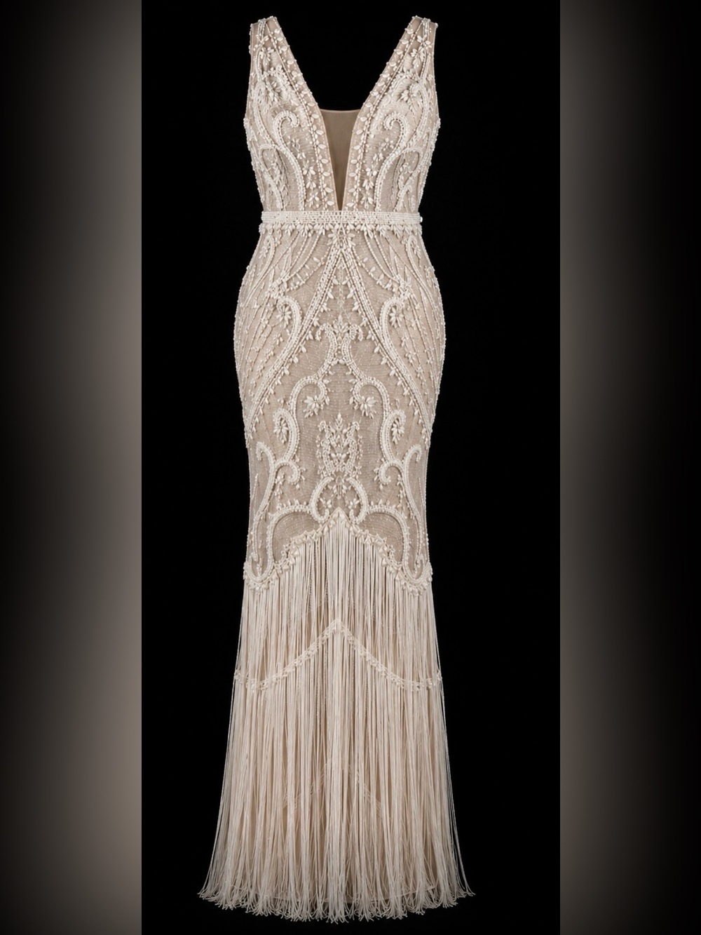 Embroidered Fringe Evening Gown in Champagne - Picture 1 of 5